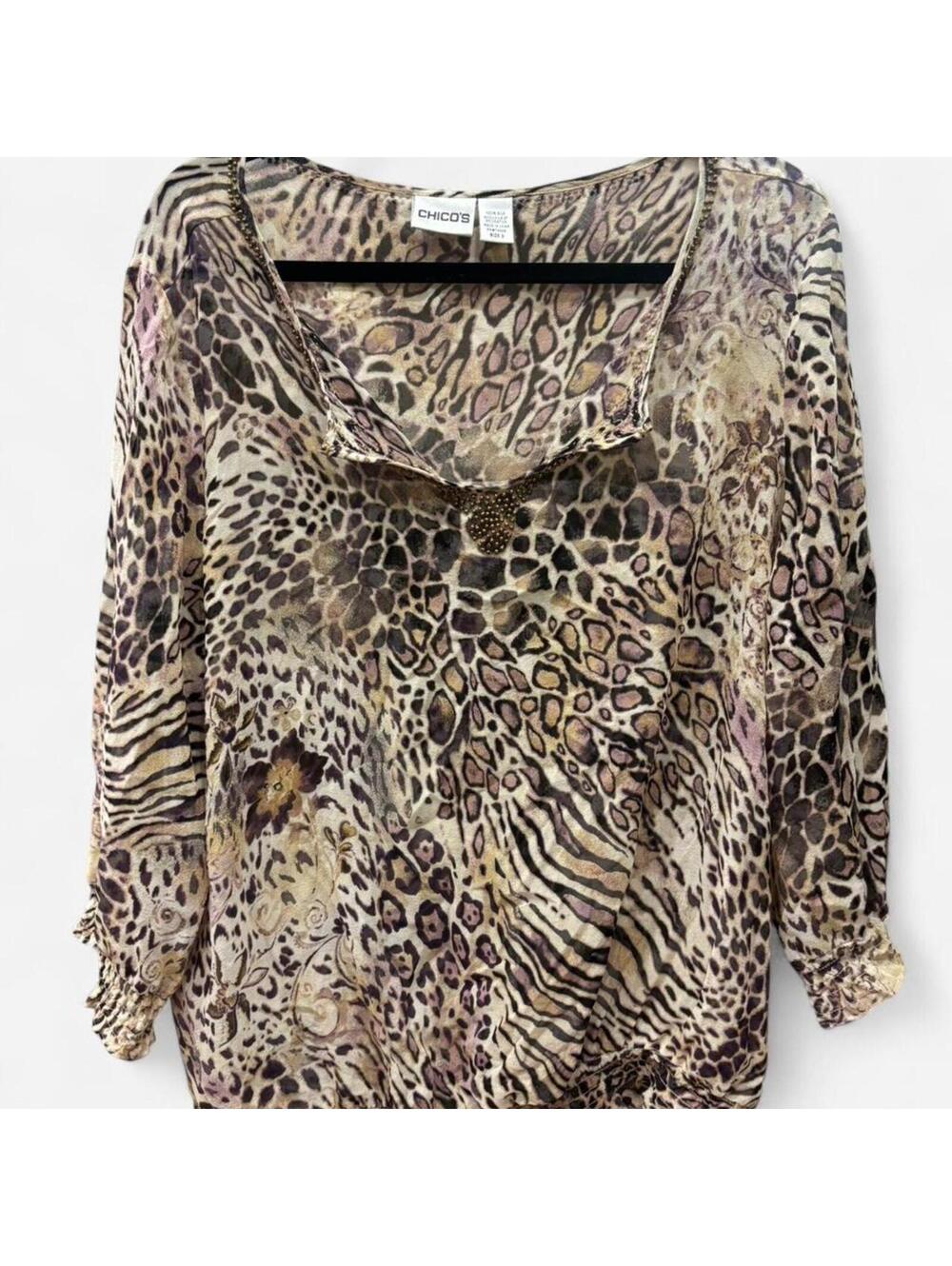 Chico's 100% Silk Animal Print Blouse Top with Beaded Neckline. - Picture 3 of 6